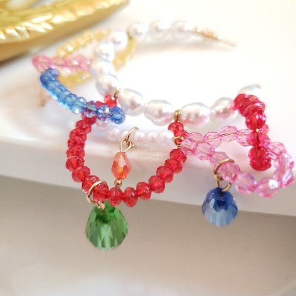 New! Zara Pearls & Gems Hoop Earrings - Picture 9 of 12